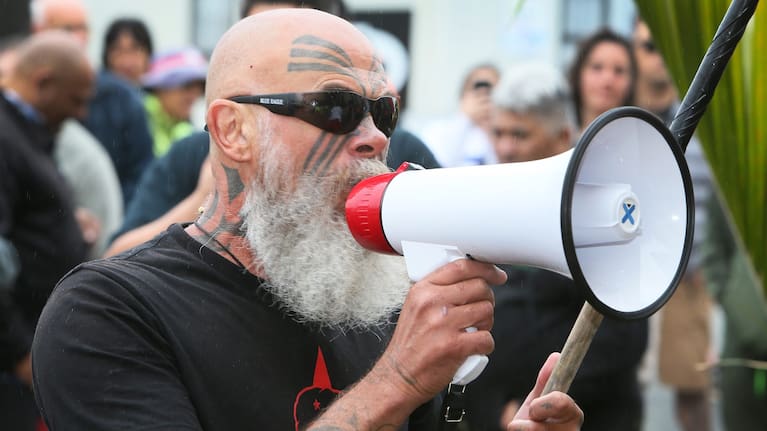 KDC Mangawhai Māori ward meeting protest organiser Paturiri Toata at the 2022 Dargaville protest against KDC's removal of karakia from the start of council meetings.