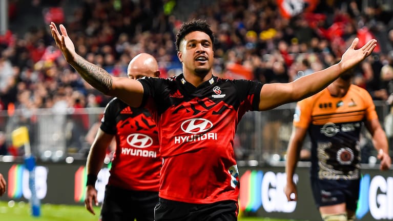 Leicester Fainga'anuku celebrates one of his two tries against the Brumbies in Christchurch.