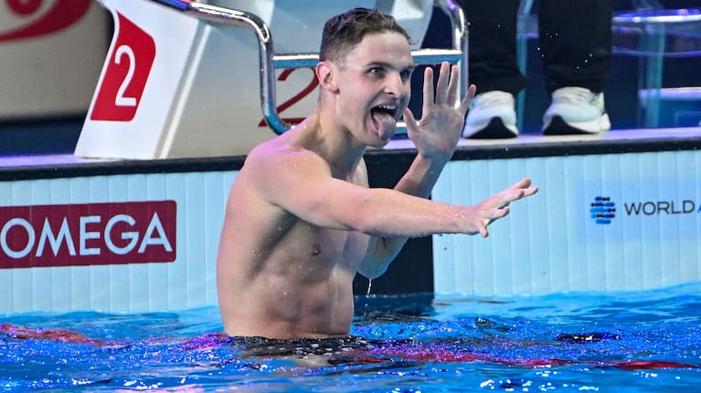 Lewis Clareburt celebrates his 400-metre individual medley win with a pukana.