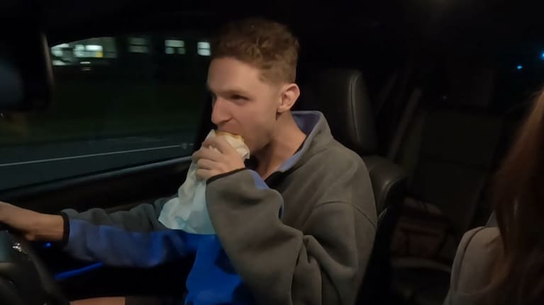 Lewis Clareburt enjoys a steak and cheese pie alongside Michelle Prendiville