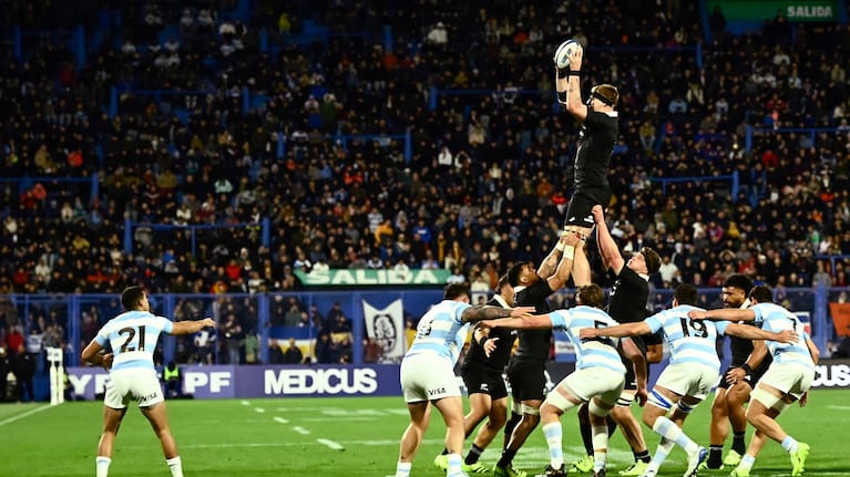 Lock Fabian Holland wins a lineout during the Test against Argentina in Buenos Aires.