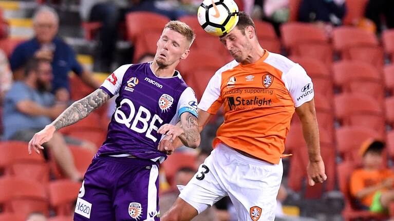 Luke DeVere heads the ball against the Perth Glory