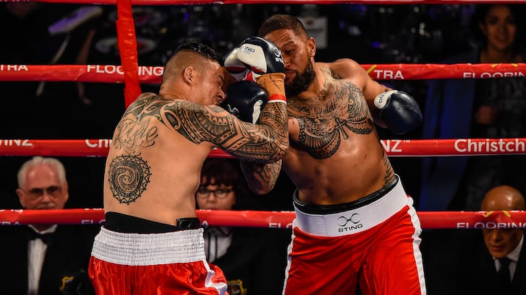 David "Buttabean" Letele (clean shaven)V Manu Vatuvei(beard) during the Duco Events/Flooring Xtra Parker vs Flores, Heavyweight Boxing contest, Horncastle Arena, Christchurch, New Zealand, 15th December, 2018. Copyright photo: John Davidson / www.photosport.nz