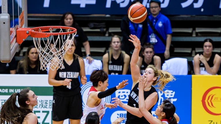 Mary Goulding puts up a shot for the Tall Ferns against Japan in 2019.