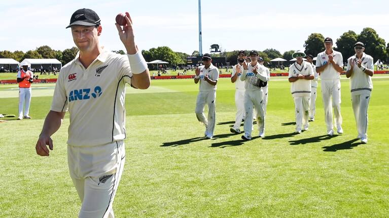 Matt Henry acknowledges the crowd after taking 7-23 against South Africa at Hagley Oval.