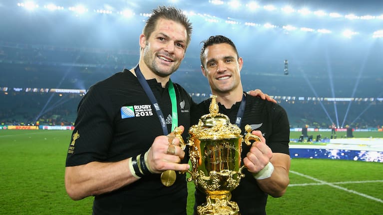 All Blacks greats Richie McCaw and Dan Carter after the 2015 World Cup final at Twickenham.
