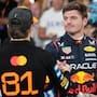 McLaren driver Oscar Piastri of Australia, left, congratulates Red Bull driver Max Verstappen of the Netherlands on the pole position after the qualifying for the he Abu Dhabi Formula One Grand Prix