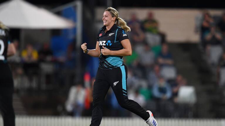 Molly Penfold celebrates taking a wicket in the first T20 against Australia in Mackay.