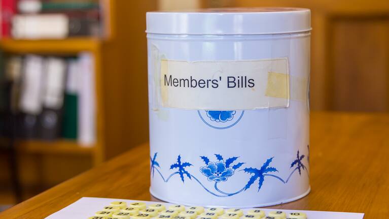 The Members' Bills biscuit tin - purchased from department store Deka in the 1990s. Shared with permission of the Office of the Clerk