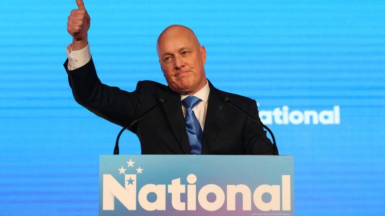 National leader Christopher Luxon at Shed 10 after winning the 2023 general election.