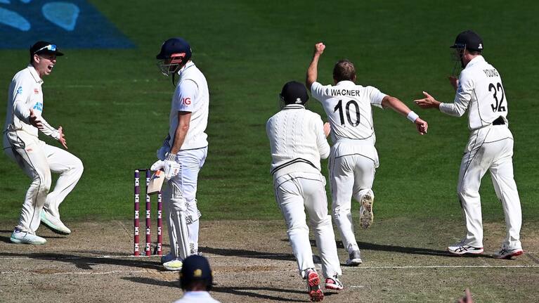 Neil Wagner celebrates taking the wicket of James Anderson.