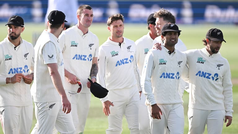 New Zealand players walk off at the end of Day 5 of their cricket test match against the West Indies in Christchurch.