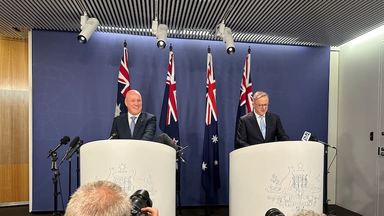 New Zealand Prime Minister Christopher Luxon and Australia Prime Minister Anthony Albanese talk to media in Sydney.