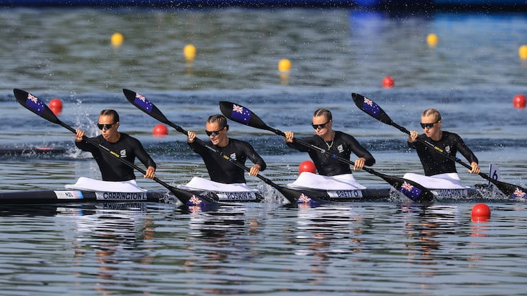 New Zealand women's K4- Olivia Brett, Lisa Carrington, Alicia Hoskin and Tara Vaughan in their heat.