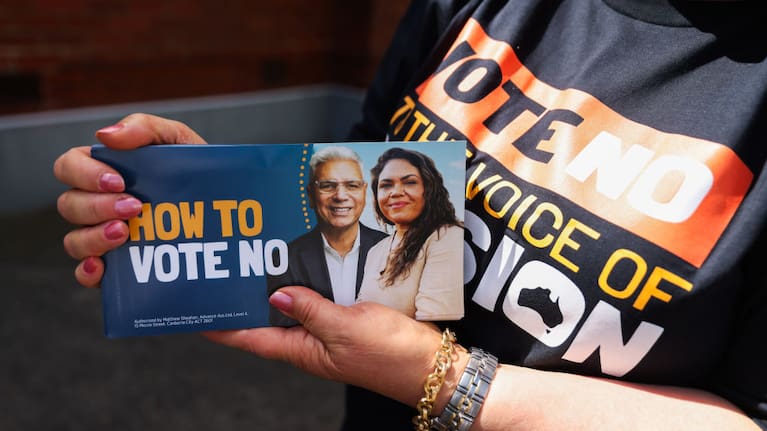 Campaign material is seen in the lead-up to Australia's Voice referendum