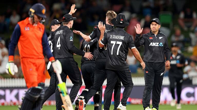 New Zealand celebrate a wicket against the Netherlands.