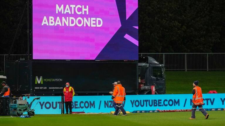 Ground staff walk off McLean Park after wet weather forced the abandonment of the only T20 between the Black Caps and the Netherlands.