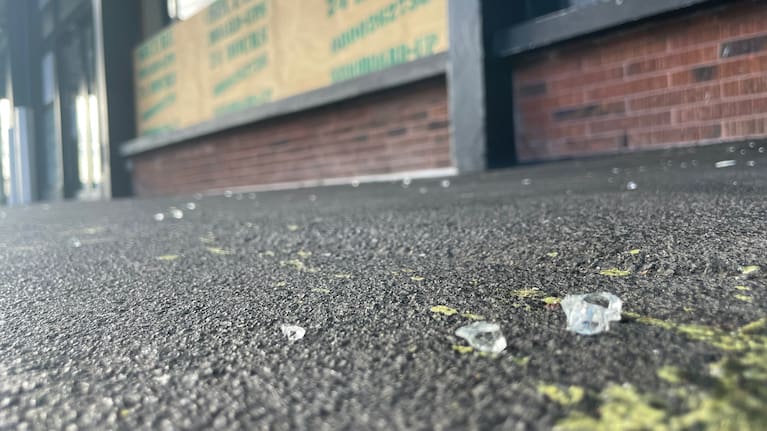 Broken glass on the footpath after two restaurants were broken into in Auckland's Onehunga.