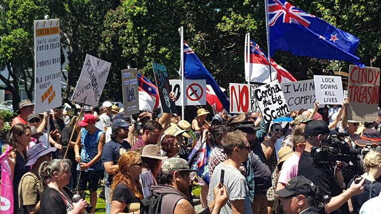 Anti-lockdown protestors gather outside Parliament.