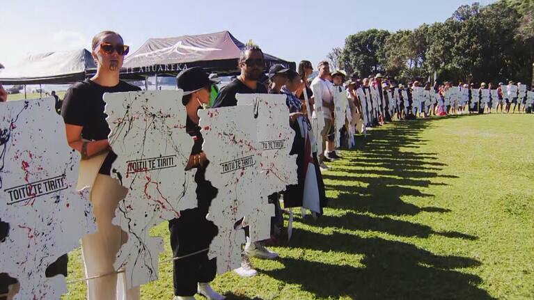 Hundreds arrived in a hikoi before the day’s events got underway.