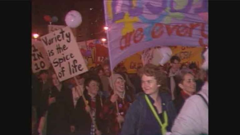 People celebrate the passing of the Homosexual Reform Bill in 1986.