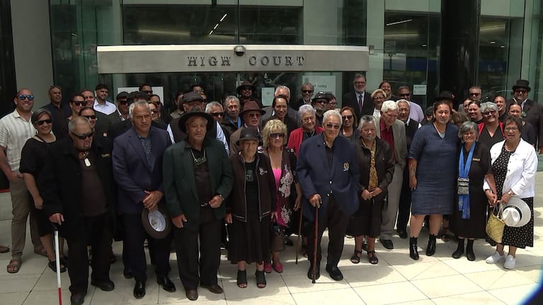 People gather at the High Court in Wellington as Waikato-Tainui files legal action against the Government