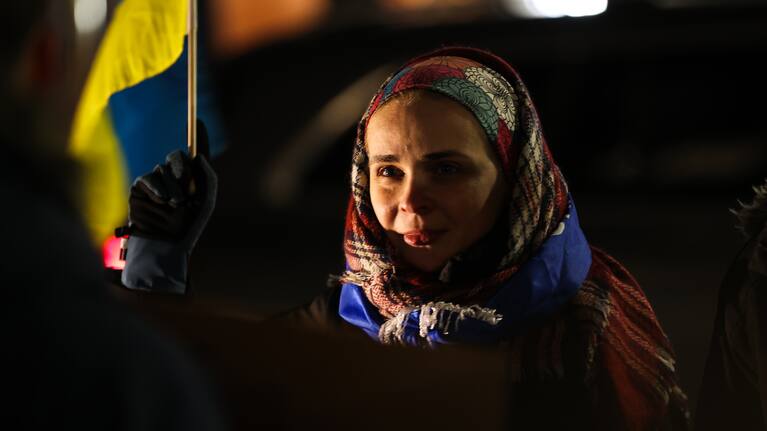 People gathered near the Consulate General of the Russian Federation in New York City on February 24, 2022, to protest Russian President Vladimir Putin's aggression on Ukraine.
