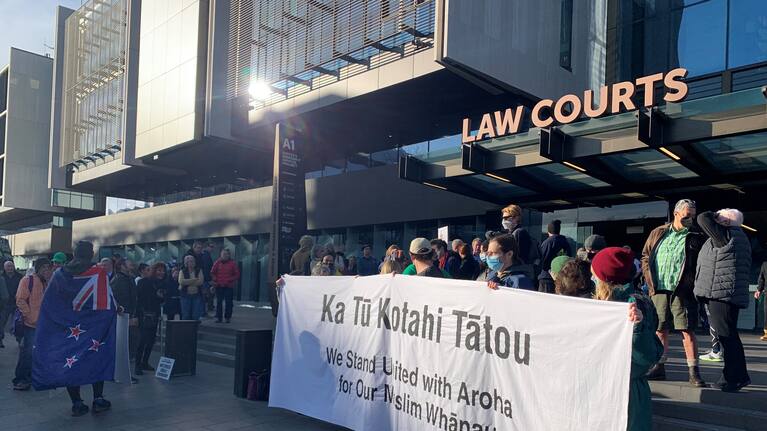 People outside Christchurch courts ahead of Counterspin pair's court appearance on August 31