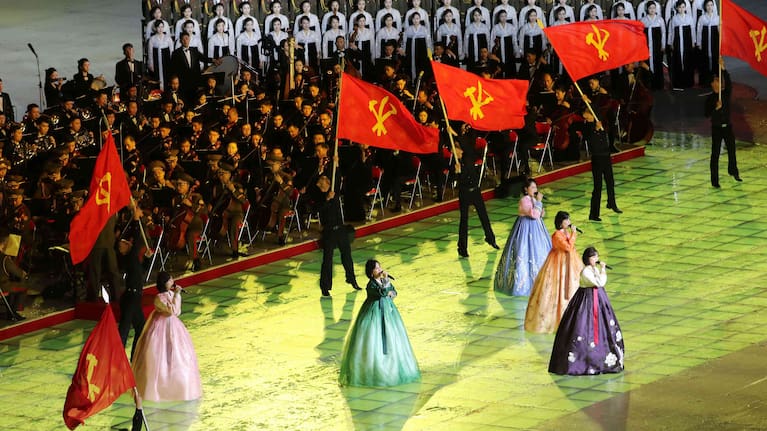 People perform during the ceremony marking the 80th anniversary of the founding of the ruling Workers' Party at the May Day Stadium in Pyongyang, North Korea