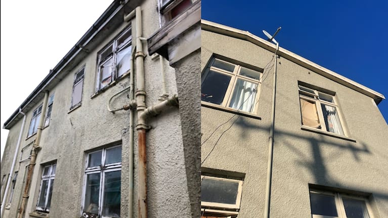 Photos from the exterior of the Mataura property show broken and boarded up windows.