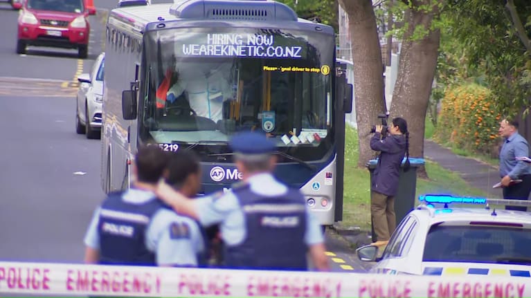 Police examining a bus in Auckland's Onehunga, after an alleged assault onboard.