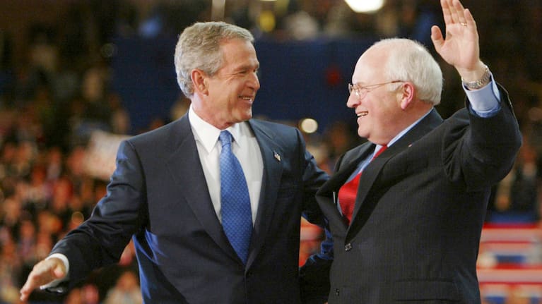 President Bush and Vice President Dick Cheney embrace following President Bush's acceptance speech in Madison Square Garden during the final night of the Republican National Convention Thursday, September 2, 2004