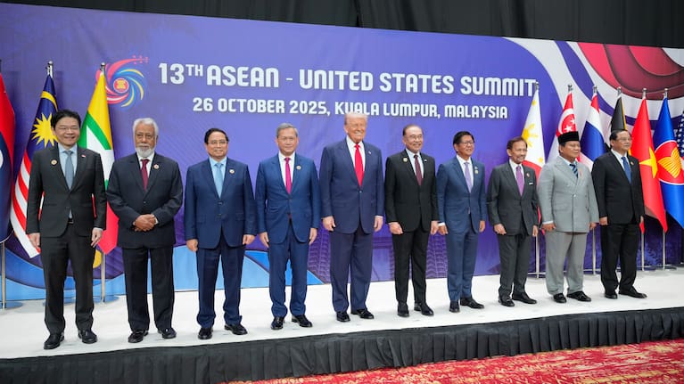 US President Donald Trump, centre left, poses with other leaders during the ASEAN US Summit in Kuala Lumpur, Malaysia.