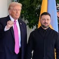 President Donald Trump, left, gestures as he greets Ukraine's President Volodymyr Zelensky at the White House