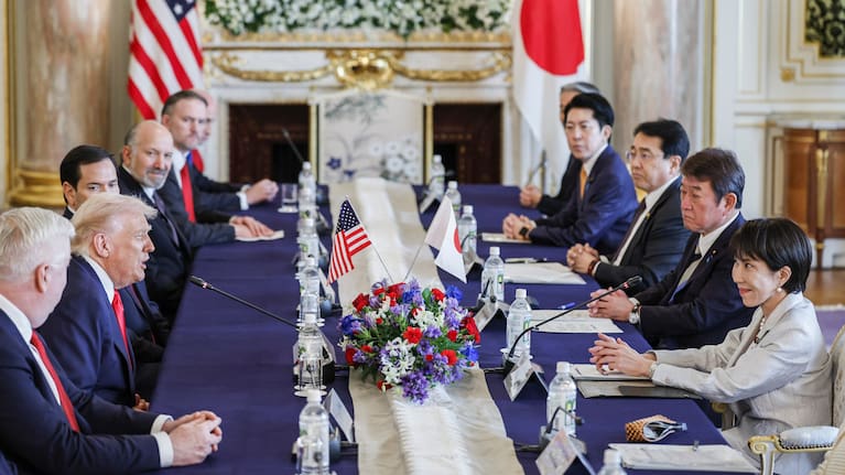US President Donald Trump, second left, and Japan's Prime Minister Sanae Takaichi, right, attend the Japan-US summit meeting at Akasaka Palace State Guest House in Tokyo.