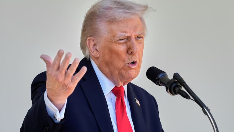 President Donald Trump speaks as he hosts a lunch with Republican Senators on the Rose Garden patio at the White House.