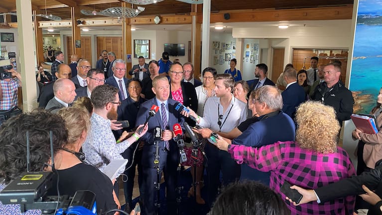 Prime Minister Chris Hipkins speaks to media after the Iwi Chairs Forum.
