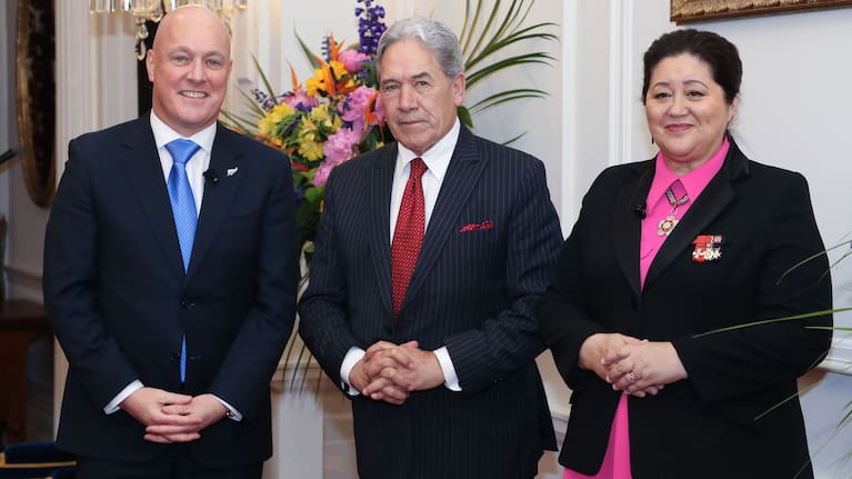 Prime Minister Christopher Luxon, Deputy Prime Minister Winston Peters and Governor-General Dame Cindy Kiro. Photo by Doug Mountain.