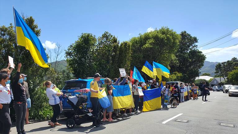 Pro-Ukraine protesters outside the Russian Embassy in Wellington on February 25, 2022.