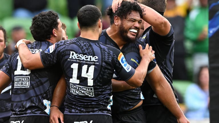 Prop Pasilio Tosi celebrates his try for the Hurricanes against the Reds this season - he has more to cheer about now.