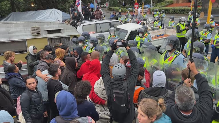 Protestors stretching from one side of the street to another during the parliamentary occupation in 2022.