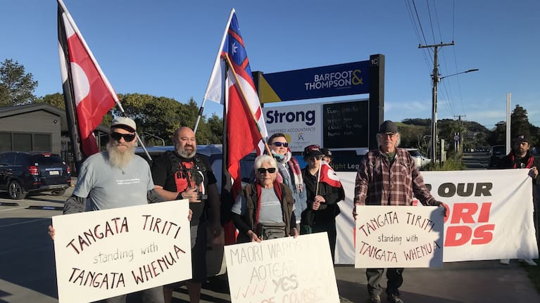 Protestors outside KDC's August 7 meeting in Mangawhai where the council voted to abolish the ward.