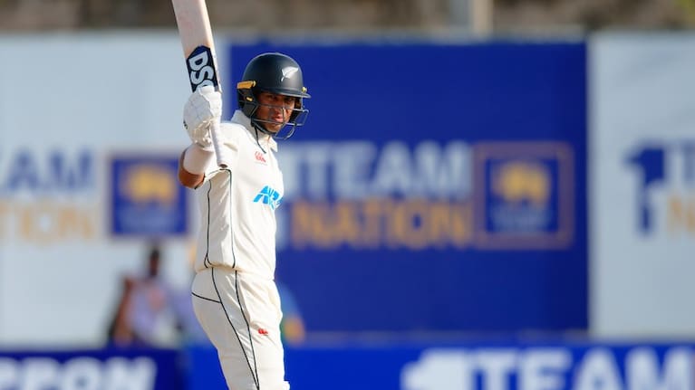 Rachin Ravindra celebrates his fifty against Sri Lanka.