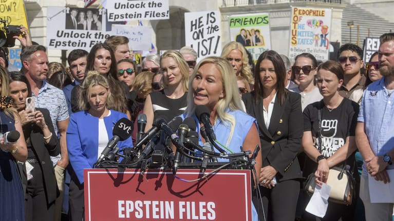 Rep. Marjorie Taylor-Greene, R-Ga., speaks during a news conference regarding the release of the Jeffrey Epstein files, on Capitol Hill, Wednesday, Sept. 3, 2025, in Washington.