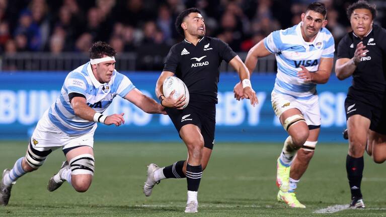 Richie Mo'unga tries to break out of All Black territory in the first half against Argentina.