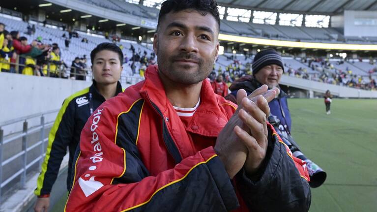 Richie Mo'unga applauds the crowd after a recent match for Japanese club Toshiba.