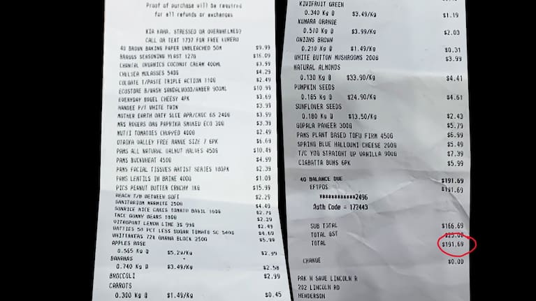 Holly's main monthly shop at PAK'nSAVE came to $191.69.