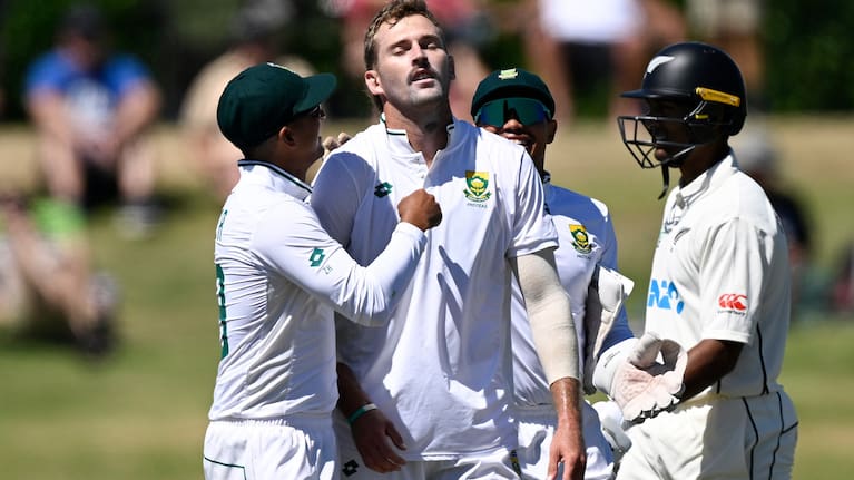 Ruan de Swardt celebrates taking the wicket of Kane Williamson.