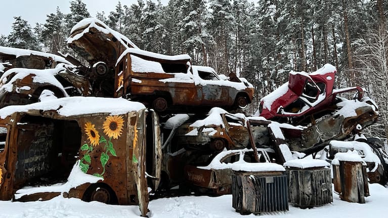 Russian tanks are painted over with sunflowers in Kyiv, Ukraine.