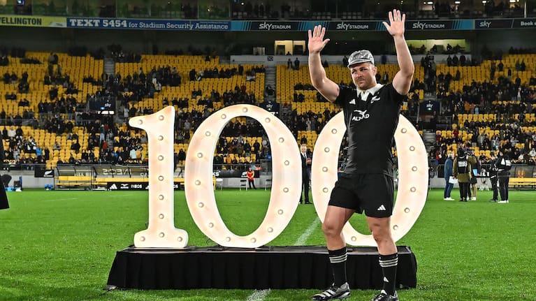 Sam Cane takes the applause after his 100th Test for the All Blacks.